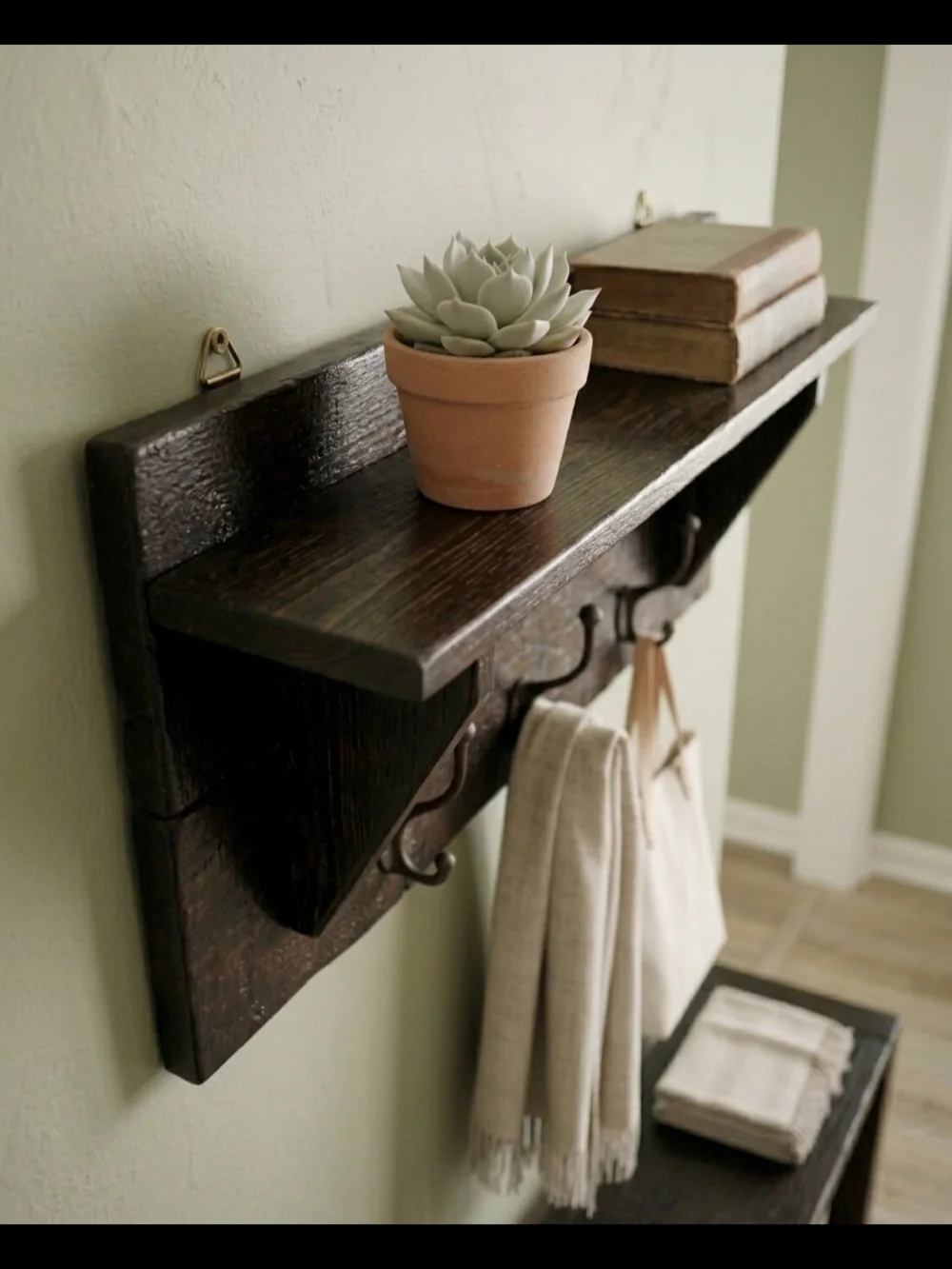 Rustic Dark Brown Wood Wall Shelf with Hooks - Home Wall Decor